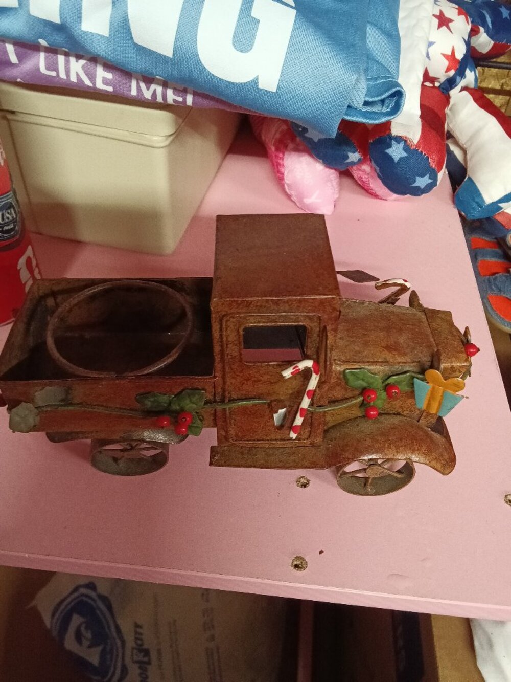 Rustic Metal Christmas Truck Decoration with Candy Cane
